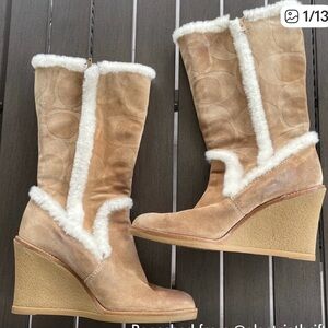 Coach Tan Shearling Wedge Ankle Boots